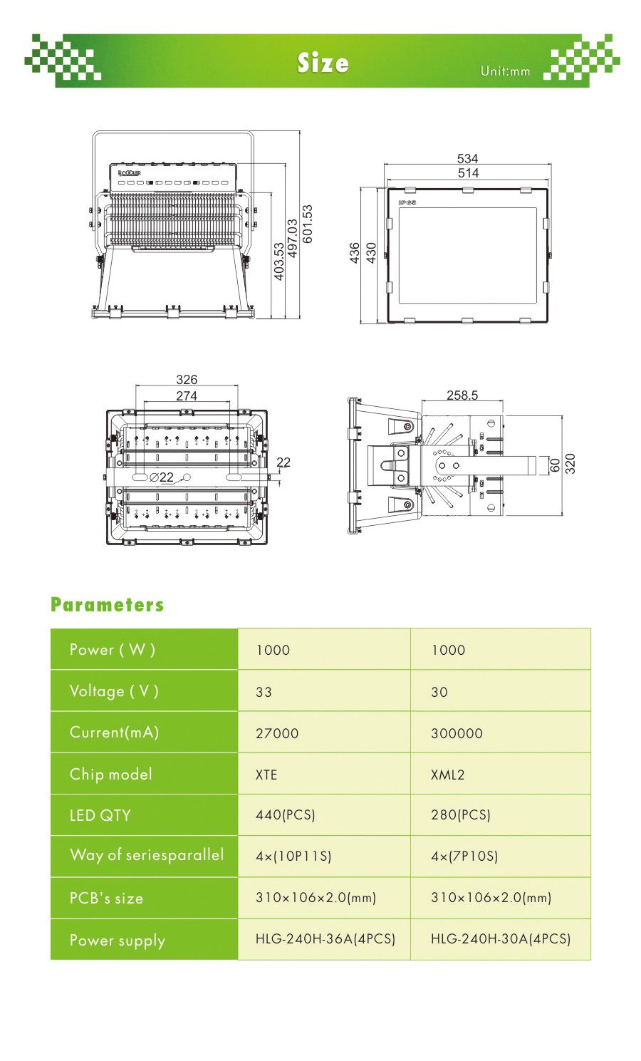 dimension of led flood light