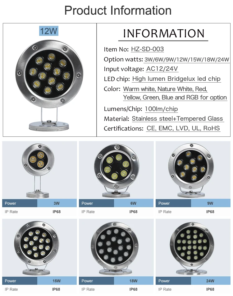 Hot sale fountain decoration ip68 outdoor waterproof 9w 12w 15w 18w led underwater light