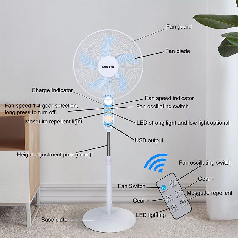 Factory direct sale high power solar portable charging fan solar fan with usb charging and night light